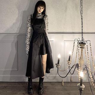 Set: Leopard Long-sleeve Turtleneck Top + Spaghetti Strap Asymmetrical Midi A-line Dress