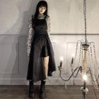 Set: Leopard Long-sleeve Turtleneck Top + Spaghetti Strap Asymmetrical Midi A-line Dress