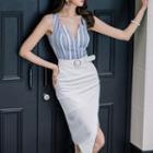 Stripe Panel Slit Front Midi Sheath Dress