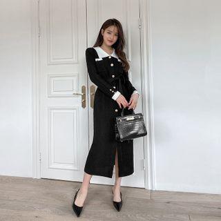Contrast-collar Long Cardigan Dress Black - One Size