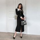 Contrast-collar Long Cardigan Dress Black - One Size