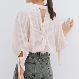 Open-back Striped 3/4 Balloon-sleeve Blouse