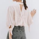 Open-back Striped 3/4 Balloon-sleeve Blouse
