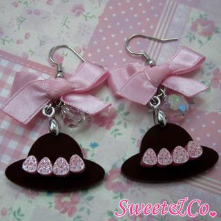 Sweet Pink Ribbon Crystal Strawberry Choco Hat Earrings Silver - One Size