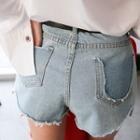 Cutout-detail Washed Denim Shorts With Belt