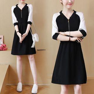 Elbow-sleeve Color Block Zip A-line Dress