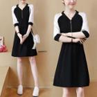 Elbow-sleeve Color Block Zip A-line Dress