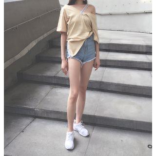 Lace Trim Off-shoulder Elbow-sleeve T-shirt