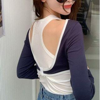 Set: Long-sleeve Crop Top + Tank Top Set Of 2 - White Tank Top & Long-sleeve Top - Navy Blue - One Size