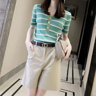 Short-sleeve Striped Henley Knit Top / Wide Leg Shorts / Belt / Set