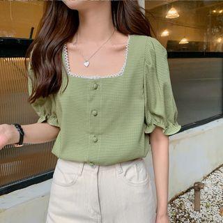Puff-sleeve Lace Trim Plaid Blouse Green - One Size