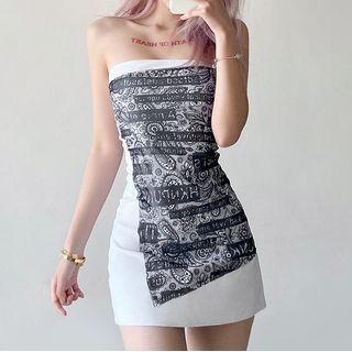 Strapless Print Panel Mini Dress