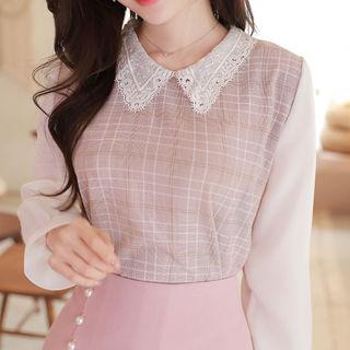 Lace-collar Plaid-panel Blouse