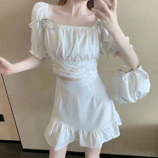 Set: Short-sleeve Crinkled Blouse + Mini A-line Skirt