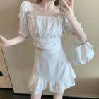 Set: Short-sleeve Crinkled Blouse + Mini A-line Skirt