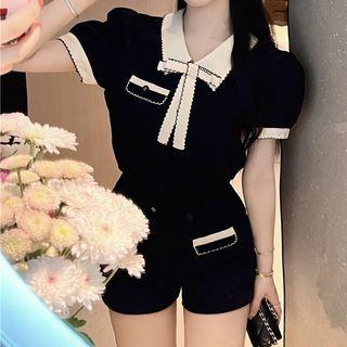 Short-sleeve Tie Neck Knit Top / High Waist Shorts