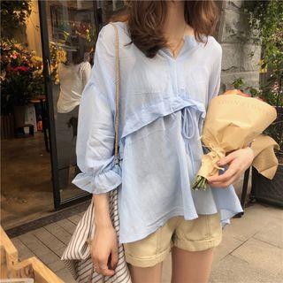 Plain V-neck Bell-sleeve Loose-fit Blouse