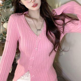 V-neck Asymmetrical Ribbon Accent Knit Top