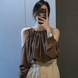Lantern-sleeve Cold-shoulder Tie-strap Top Coffee - One Size