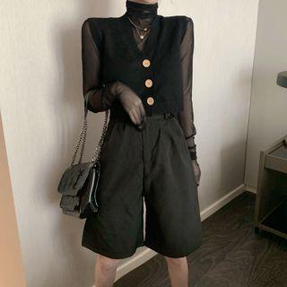 Long-sleeve Turtleneck Mesh Top / Buttoned Knit Vest