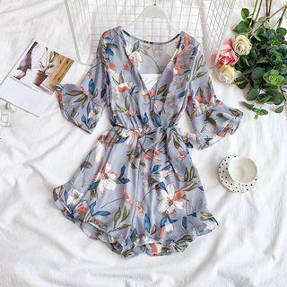 3/4-sleeve Floral Chiffon Wide-leg Playsuit