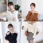 Piped Off-shoulder Long-sleeve Knit Sweater