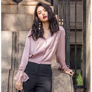 Tie-cuff Embroidery Satin Blouse