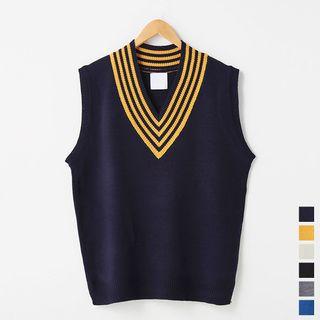 Striped V-neck Wool Blend Knit Vest