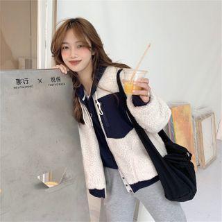 Color-block Fleece Zip Jacket Off-white - One Size