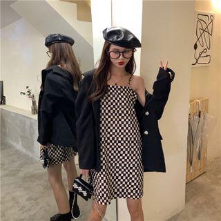 Single-breasted Blazer / Spaghetti Strap Checkered Mini Shift Dress