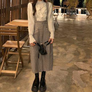Bow Mock-neck Sweater / Plaid Button-up Jumper Dress