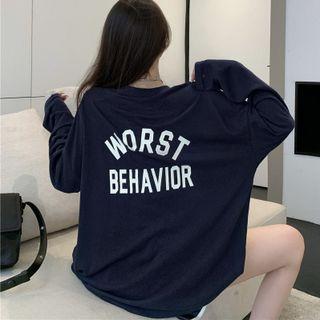 Crewneck Letter Print Oversize Sweatshirt Navy Blue - One Size