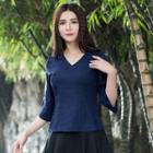 Embroidered Short-sleeve V-neck Top