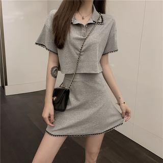 Set: Lace Trim Short-sleeve Polo Shirt + Mini A-line Skirt