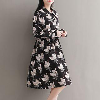 Swan Print Long-sleeve A-line Shirt Dress