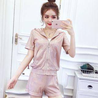 Set: Short-sleeve Hooded Zip Jacket + Shorts