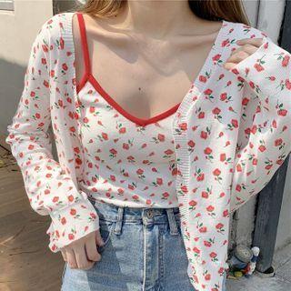 Set: Floral Print Cardigan + Spaghetti Strap Top Cardigan - Red & White - One Size / Top - Red & White - One Size