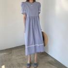Short-sleeve Striped Midi A-line Dress Blue - One Size
