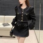 Contrast Stitch Puff Shoulder Crop Jacket / High Waist A-line Skirt