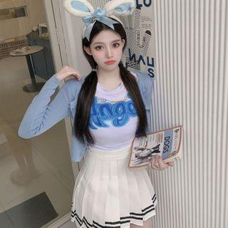 Cropped Lettering Top / Knit Cardigan / Pleated Skirt