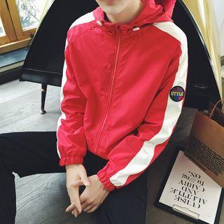 Contrast Trim Patch Embroidered Hooded Jacket