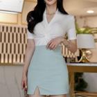 Set: V-neck Short-sleeve T-shirt + Mini Pencil Skirt