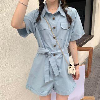Short-sleeve Plain Lace-up Cargo Jumper Shorts