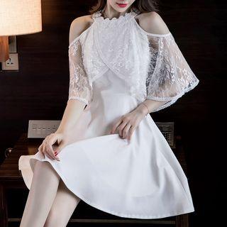 Cold-shoulder Lace Panel Mini A-line Dress