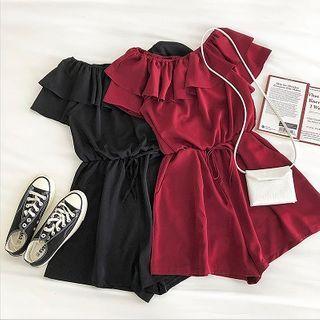 Plain Off-shoulder Ruffled-trim Lace-up Jumper Shorts