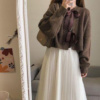 Spaghetti Strap Mesh Overlay Midi A-line Dress / Bow Cardigan