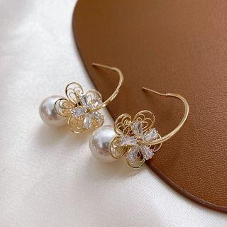 Faux Pearl Rhinestone Flower Drop Earring 1 Pair - Gold - One Size