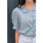 Frill-neck Puff-sleeve Gingham Blouse