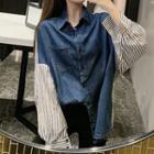 Striped-sleeve Letter-back Denim Shirt As Shown In Figure - One Size