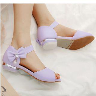 Faux Leather Peep Toe Ribbon Accent Flat Sandals